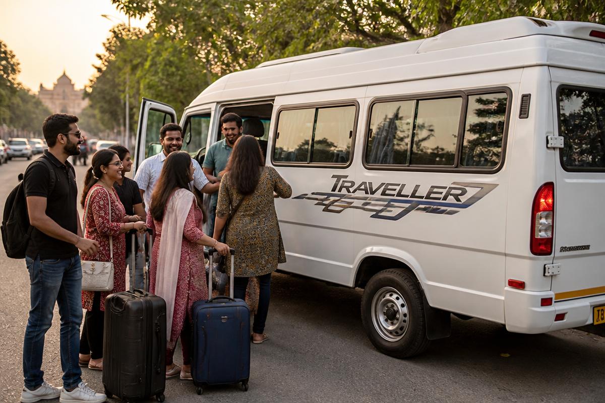 Indian family group loading luggage into a white Tempo Traveller before an outstation trip